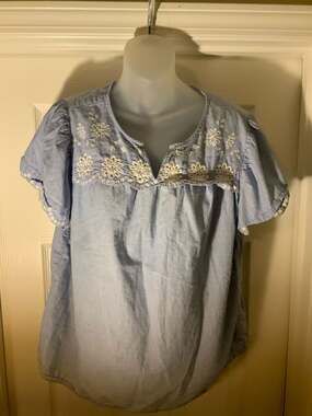 Kim Rogers Embroidered Chambray Blouse, Blue Cotton, Size L